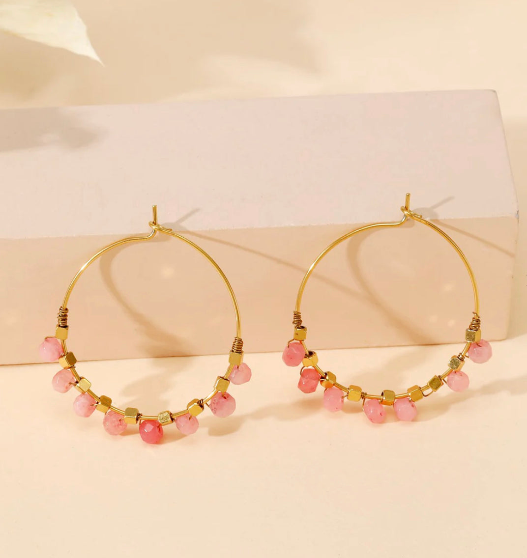 Créoles ADÈLE dorées avec pierres roses