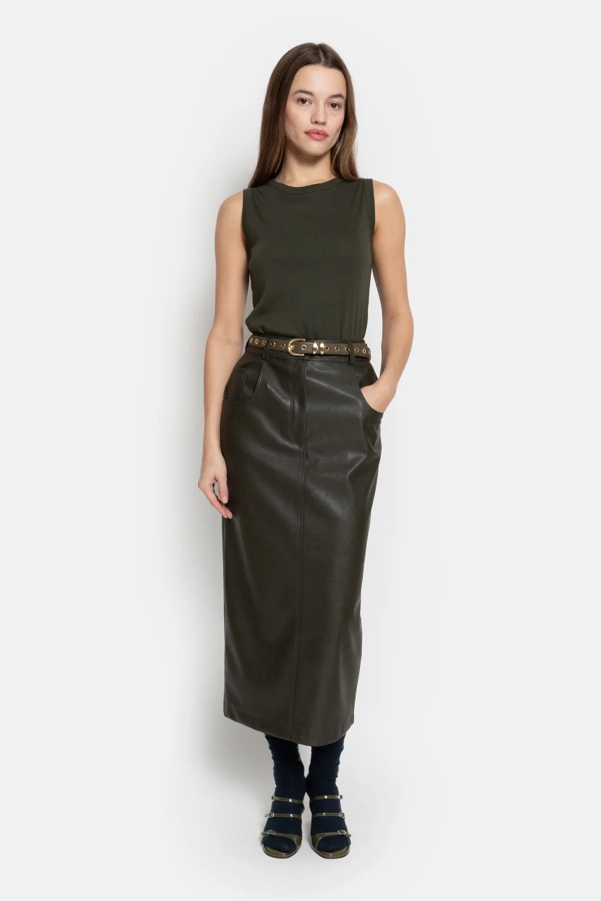 Jupe MAYA en simili cuir kaki