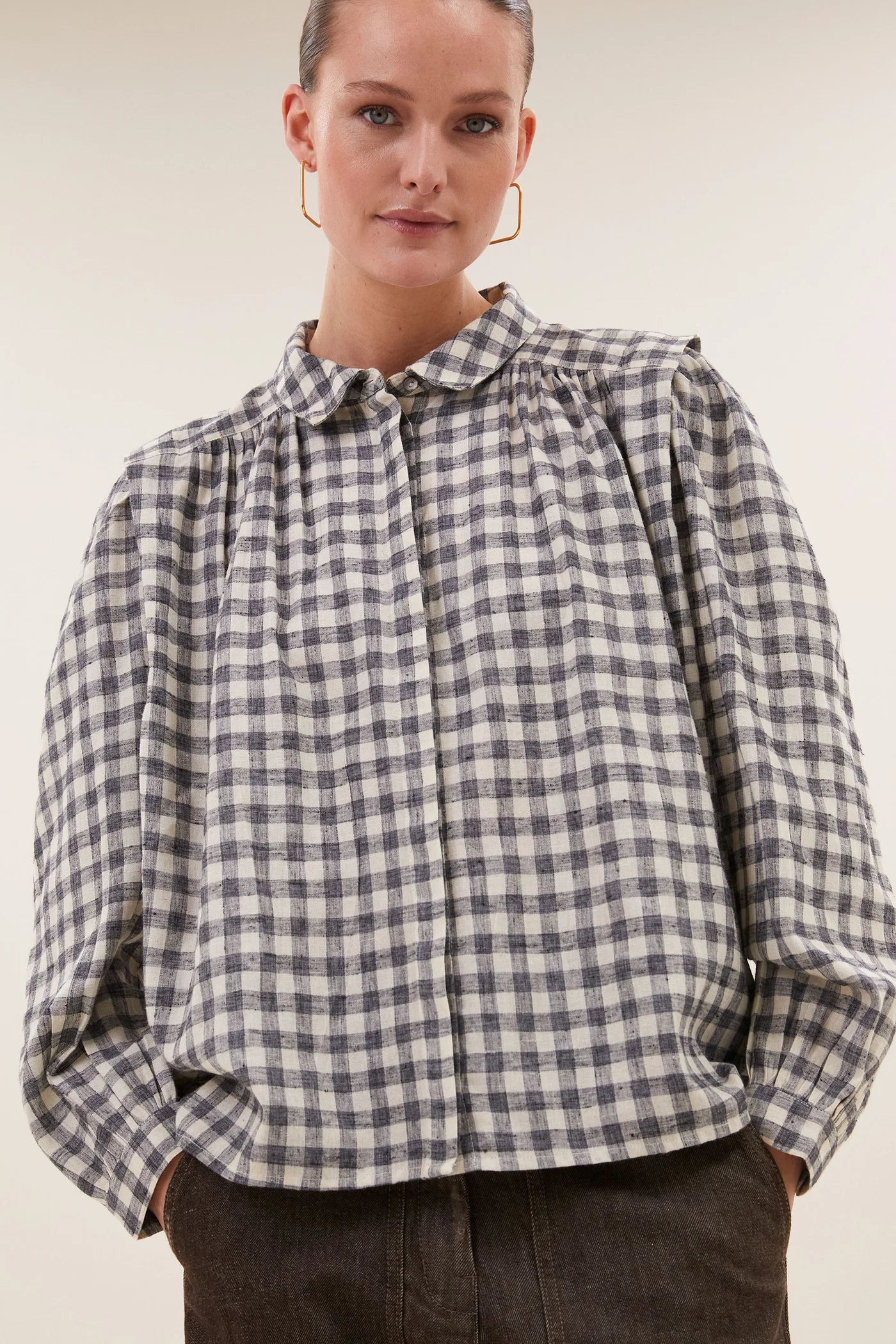 Blouse MAIA à carreaux gris et écru