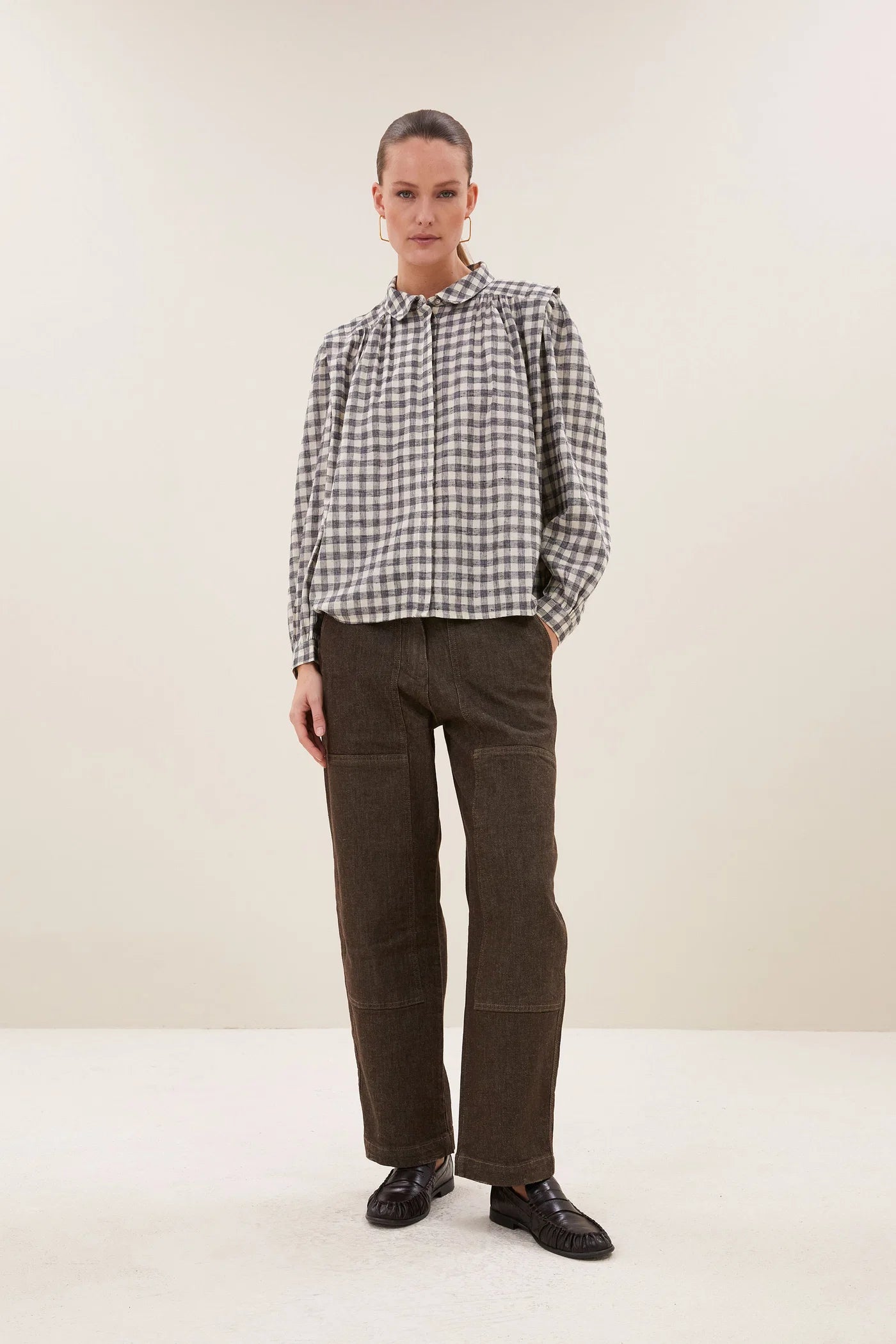 Blouse MAIA à carreaux gris et écru